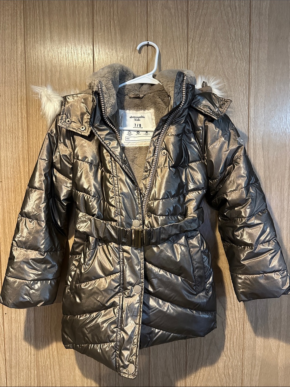 abercrombie kids Metallic Silver Puffer Coat with Faux Fur Hood